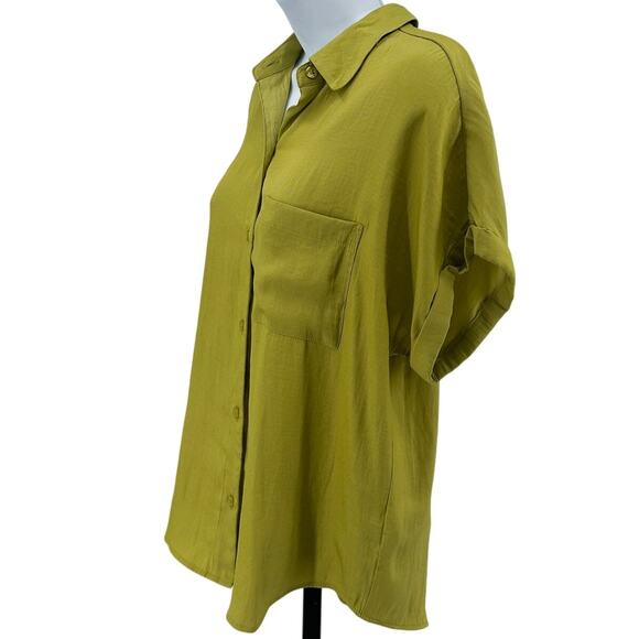 Joie Blouse WMNS S Moss Green Button Up Collared Short Sleeve Cuffed Pleated Top - Picture 4 of 7